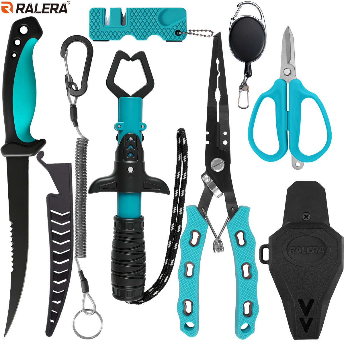 Fishing Line Cutter - RALERA Salzwasserbeständiges Angelzubehör-Set: Angelzange, Filetiermesser, Fischgreifer,